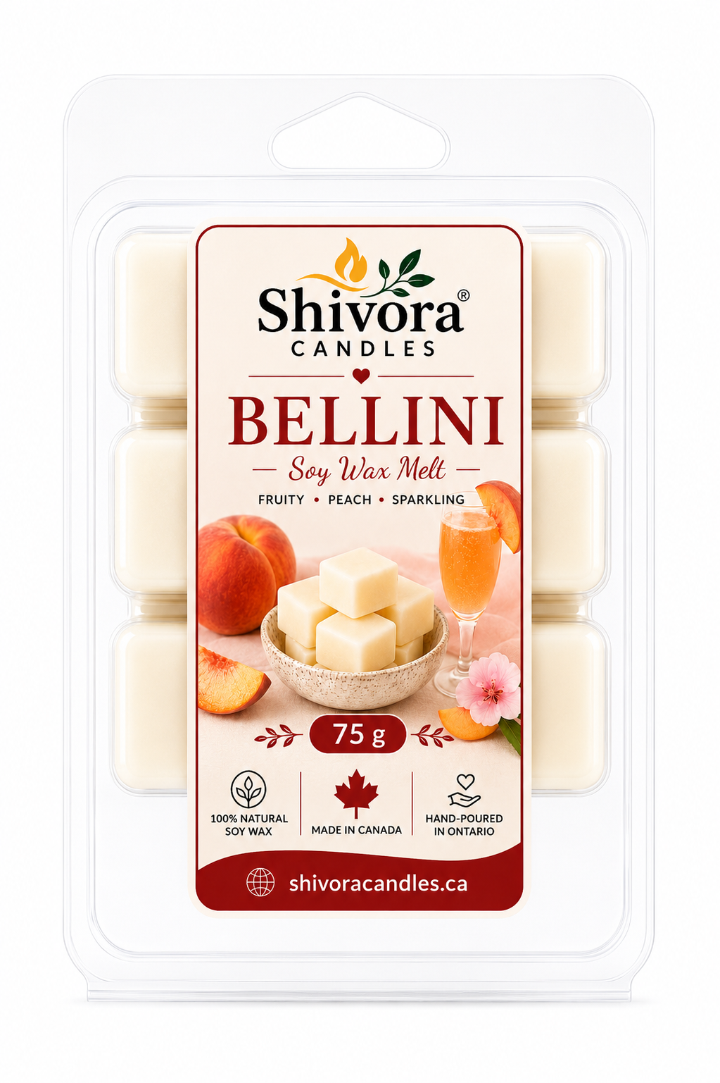 Bellini soy wax melt package with peach fruit, sliced peach, and sparkling drink garnish, 75g clamshell