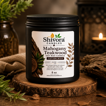Mahogany Teakwood Soy Candle Canada – 8 oz scented candle lifestyle image by Shivora Candles Canada