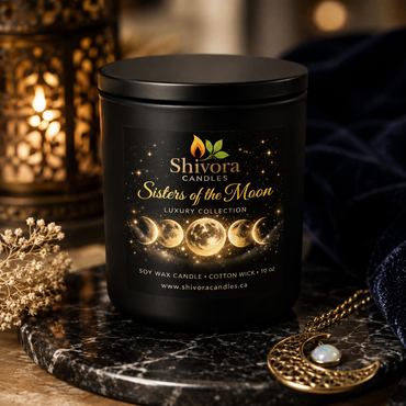 Sisters of Moon Soy Candle Canada – 10 oz Cotton Wick scented candle lifestyle image by Shivora Candles Canada