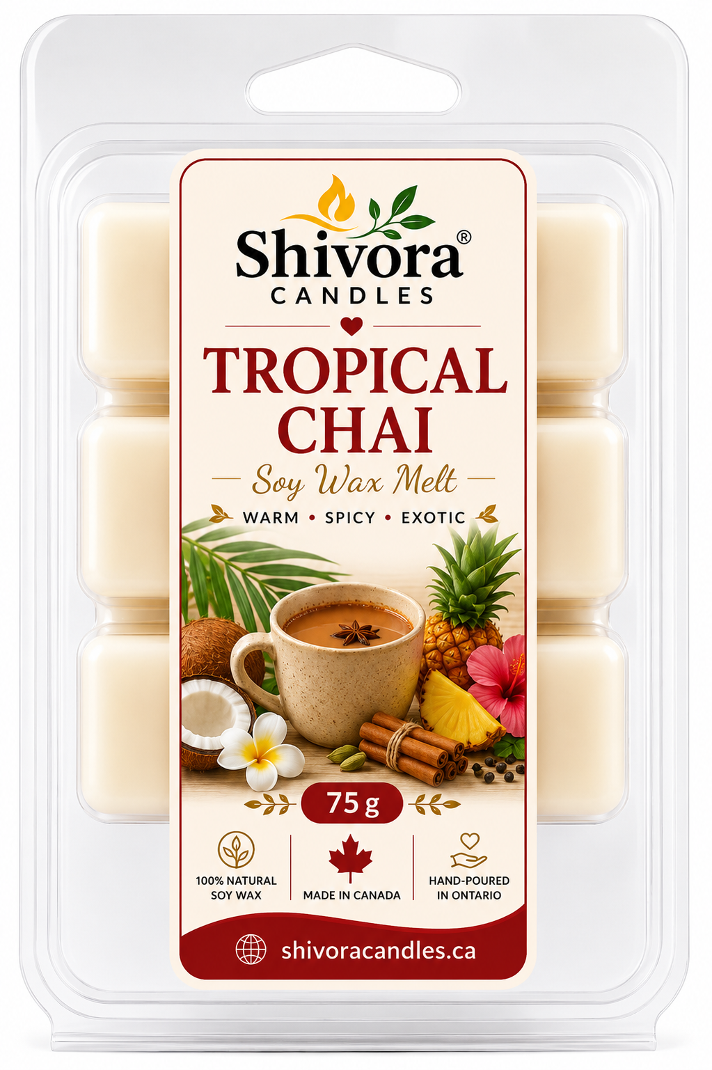 Tropical Chai soy wax melt 75g in packaging"