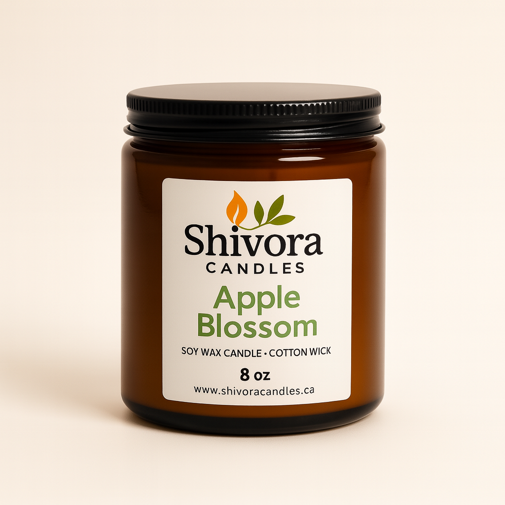 Apple Blossom Soy Candle 8 oz – Handmade Soy Candle Made in Canada with Cotton Wick in Amber Glass Jar | Shivora Candles