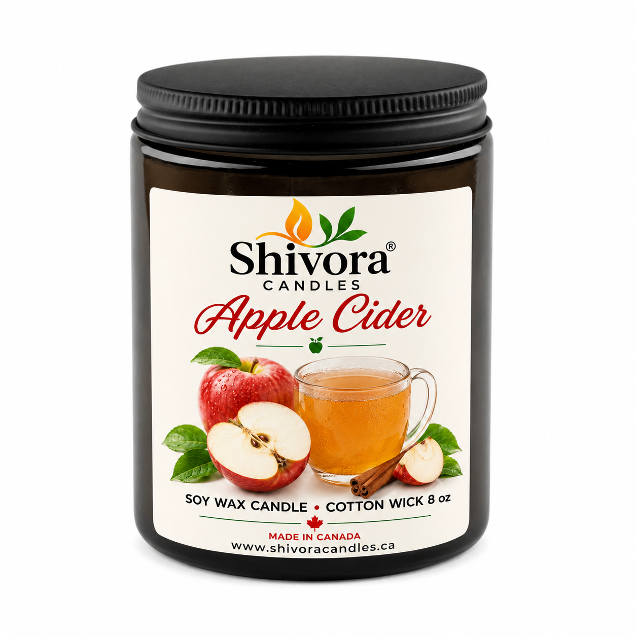 Apple Cider Soy Candle 8 oz – Handmade Soy Candle Made in Canada with Cotton Wick in Amber Glass Jar | Shivora Candles