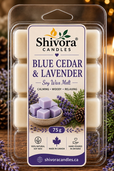 Blue Cedar and Lavender Soy Wax Melt handcrafted in Ontario Canada by Shivora Candles with calming lavender and cedarwood fragrance product image