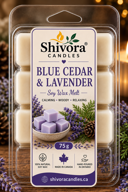 Blue Cedar and Lavender Soy Wax Melt handcrafted in Ontario Canada by Shivora Candles with calming lavender and cedarwood fragrance handmade soy candle by Shivora Candles Canada
