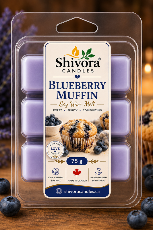 Blueberry Muffin Soy Wax Melt 75 g by Shivora Candles, hand-poured in Ontario, Canada with premium soy wax for a long-lasting blueberry bakery fragrance. handmade soy candle by Shivora Candles Canada