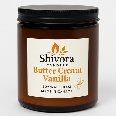 Butter Cream Vanilla 8 oz Soy Candle – Handmade Soy Candle Made in Ontario, Canada with Natural Soy Wax, Cotton Wick and Amber Glass Jar | Shivora Candles product image