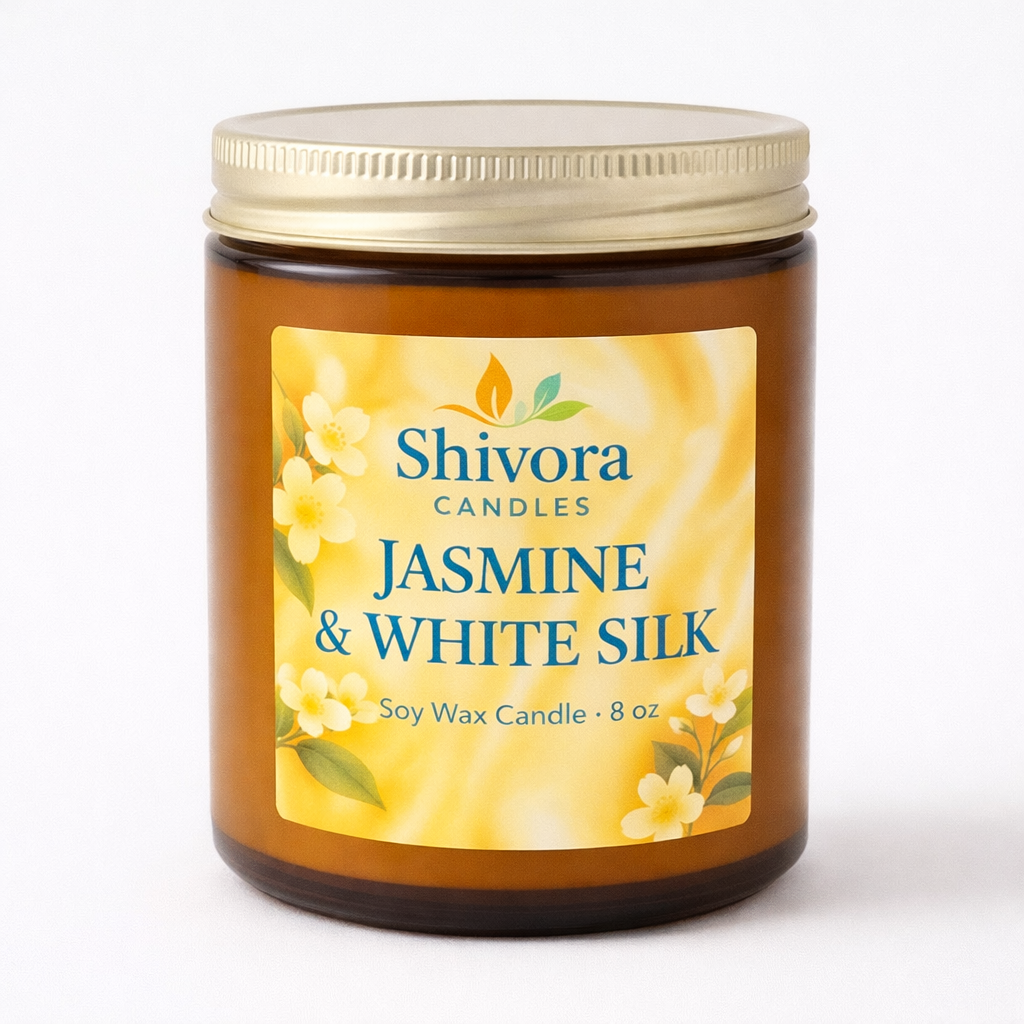 Jasmine & White Silk 8 oz Soy Candle – Handmade Soy Candle Made in Ontario, Canada with Natural Soy Wax, Cotton Wick and Amber Glass Jar | Shivora Candles