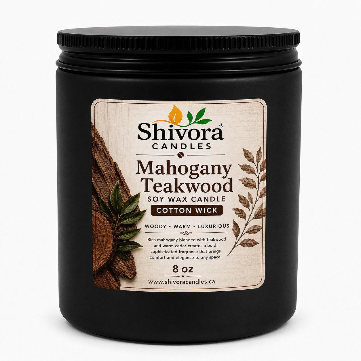 Mahogany Teakwood soy candle hand-poured in Canada by Shivora Candles