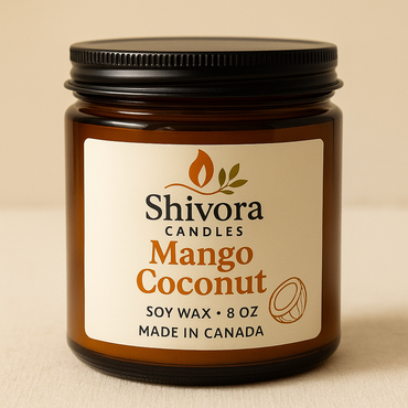 Mango Coconut 8 oz Soy Candle – Handmade Soy Candle Made in Ontario, Canada with Natural Soy Wax, Cotton Wick and Amber Glass Jar | Shivora Candles product image