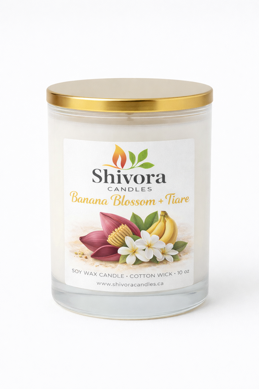 Banana Blossom & Tiaré 10 oz soy candle by Shivora Candles, hand-poured in Canada with premium soy wax and cotton wick
