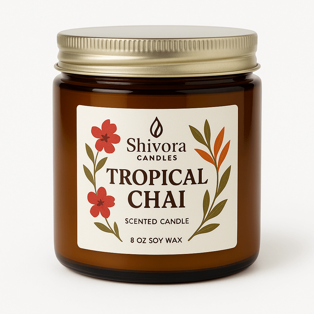 Shivora Candles Tropical Chai scented candle in amber jar with floral label