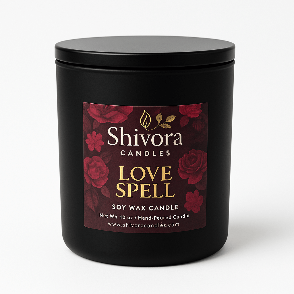Black candle jar with 'Shivora Candles Love Spell' label on a white background