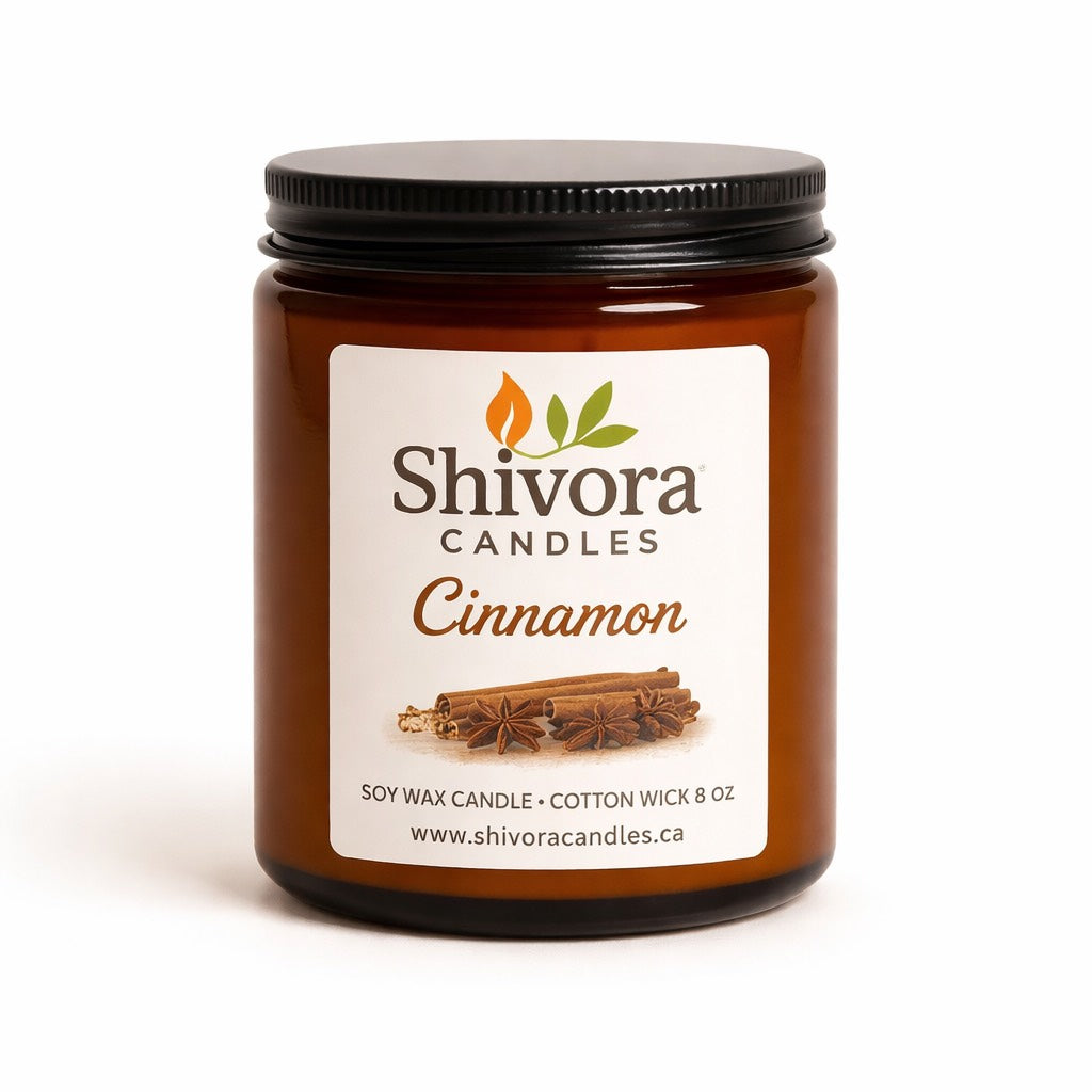 Shivora Cinnamon 8 oz soy wax candle made in Canada with cotton wick in amber glass jar