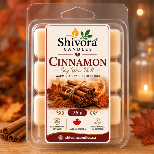 Shivora Cinnamon Soy Wax Melts Canada 75 g – handmade soy wax melts made in Canada with warm cinnamon spice fragrance. handmade soy candle by Shivora Candles Canada