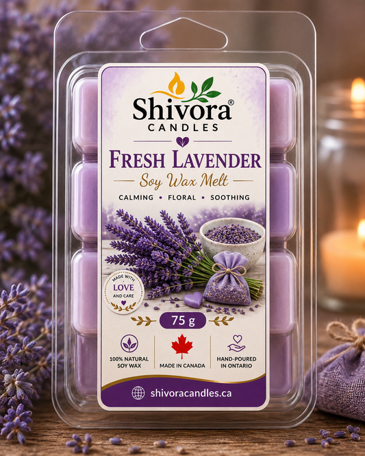 Fresh Lavender Soy Wax Melt 75g by Shivora Candles, hand-poured in Ontario, Canada with natural soy wax and long-lasting lavender fragrance. handmade soy candle by Shivora Candles Canada