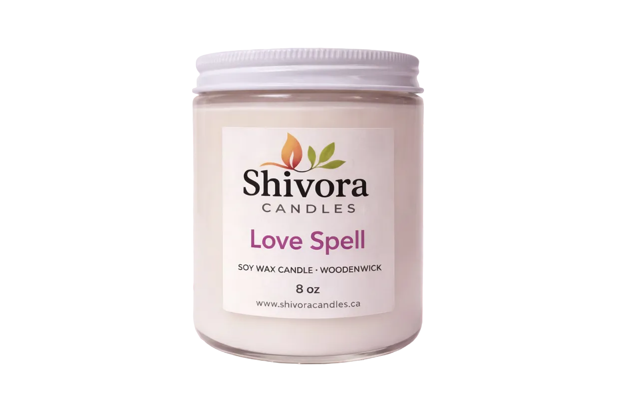 Love Spell 8 oz wood wick soy candle handmade in Ontario, Canada by Shivora Candles – premium natural soy wax scented candle