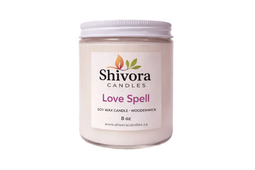 Love Spell 8 oz wood wick soy candle handmade in Ontario, Canada by Shivora Candles – premium natural soy wax scented candle product image