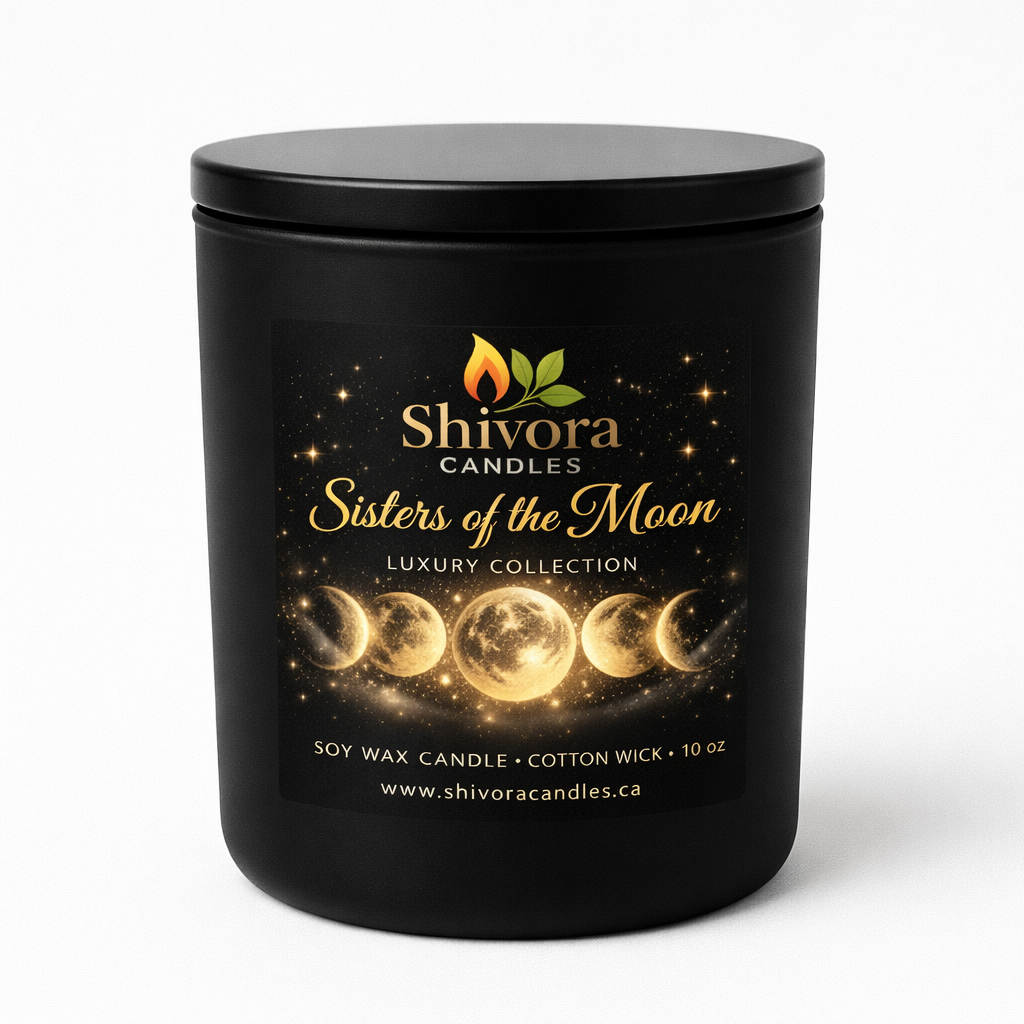 Shivora Sisters of the Moon 10 oz soy candle made in Canada with cotton wick in a matte black jar